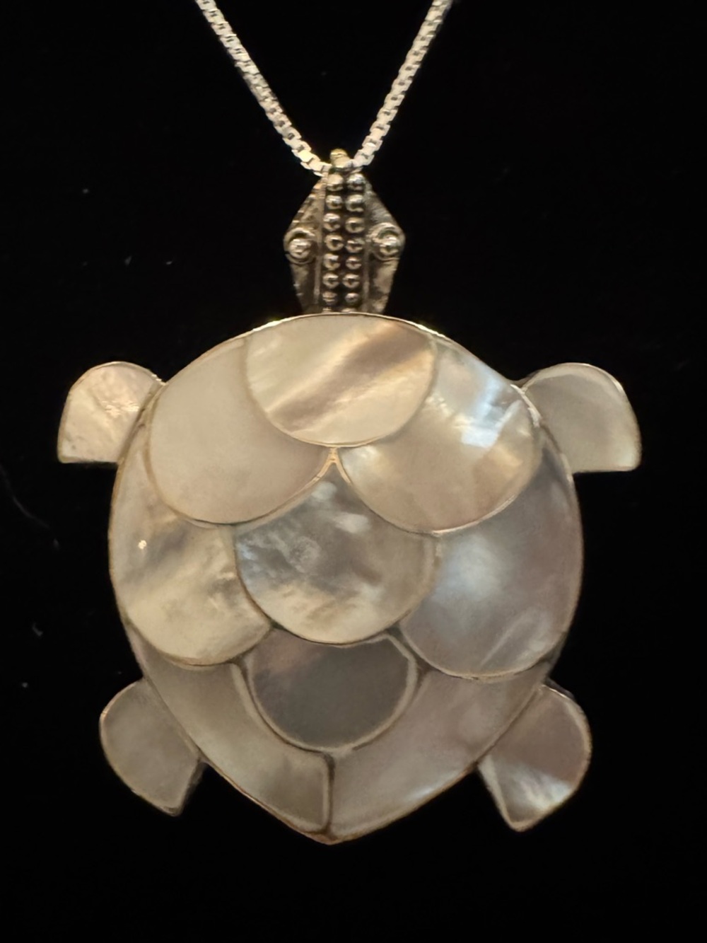 Mother of Pearl Turtle Pendant Necklace -‎ set in Sterling silver w/ 18” chain